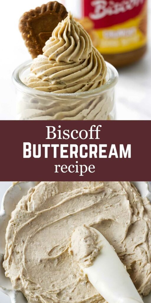Biscoff buttercream swirl in jar with cookie, recipe text below.