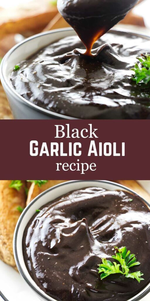 Bowl of black garlic aioli with parsley, spoon, bread, and recipe text.