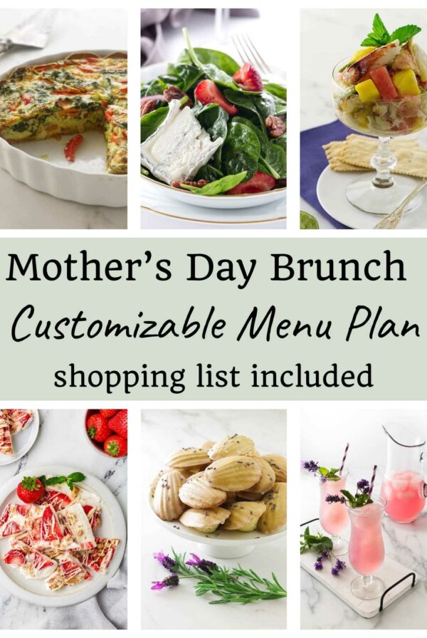 A collage of six photos for recipes used in a brunch for mother' day.