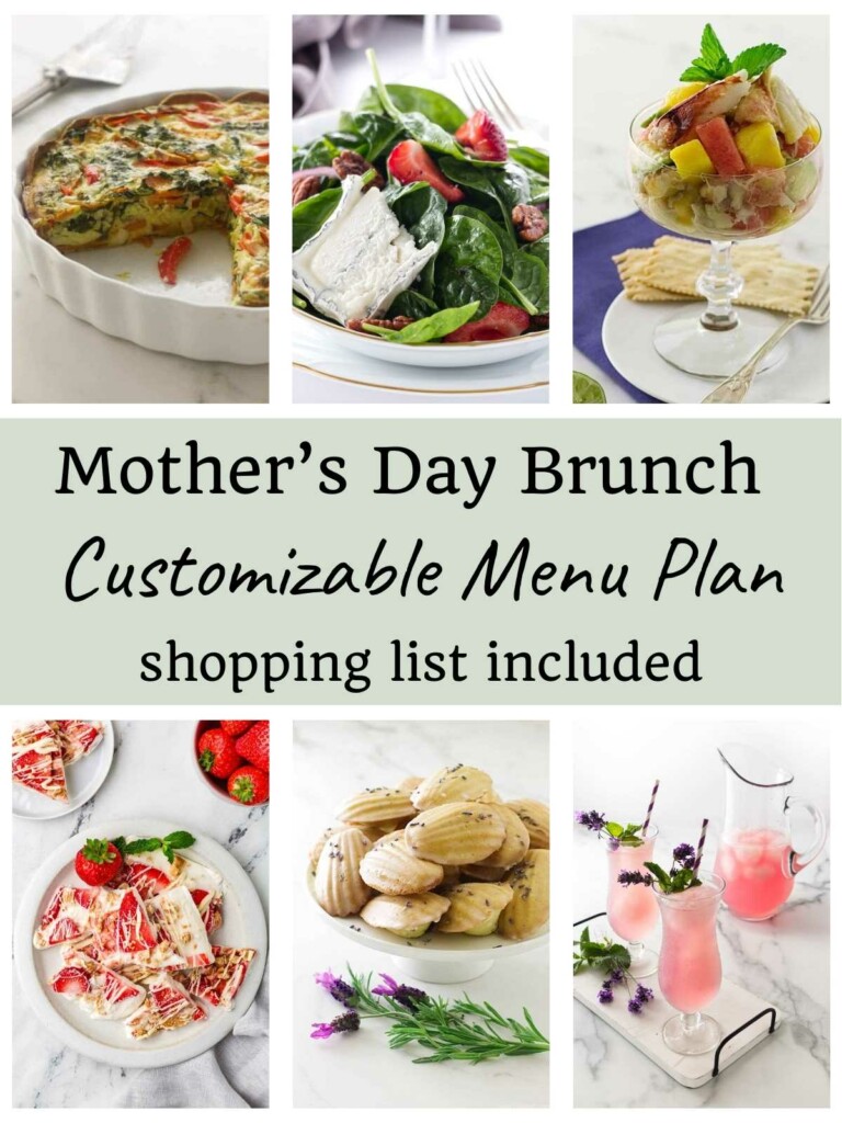 A collage of six photos for recipes used in a brunch for mother' day.