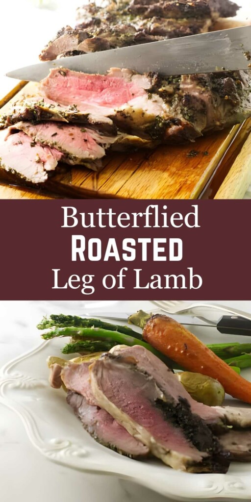 Sliced roasted leg of lamb on board and served with vegetables.
