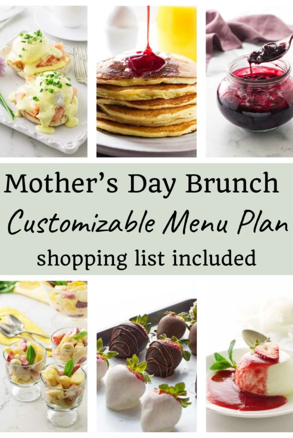 Six photos in a Mother's day brunch menu with egg benedict.