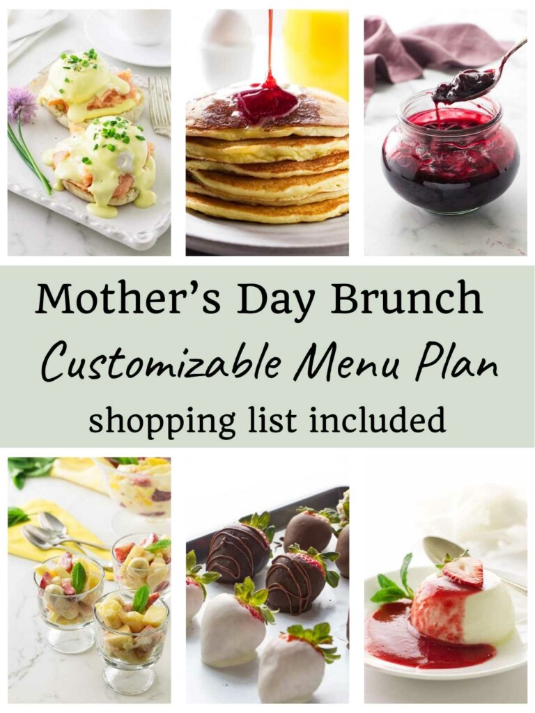 Six photos in a Mother's day brunch menu with egg benedict.