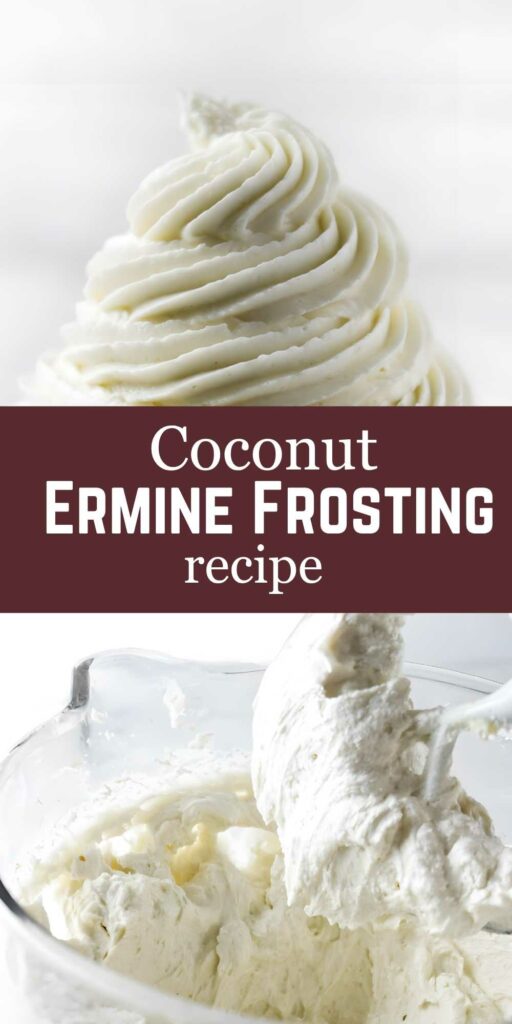 Swirl of white frosting above Coconut Ermine Frosting recipe banner, mixing bowl.