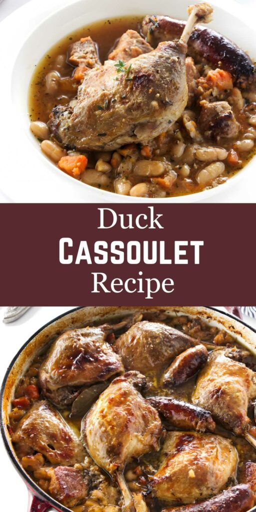 Duck cassoulet with beans, sausage, vegetables; casserole dish topped with golden duck legs.