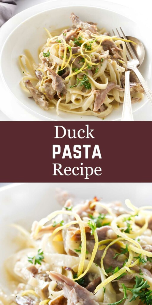 Bowl of duck pasta with lemon zest, parsley, and Duck Pasta Recipe text.