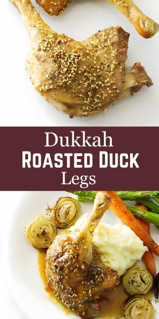 Two duck legs with dukkah, one plated with vegetables and mashed potatoes.