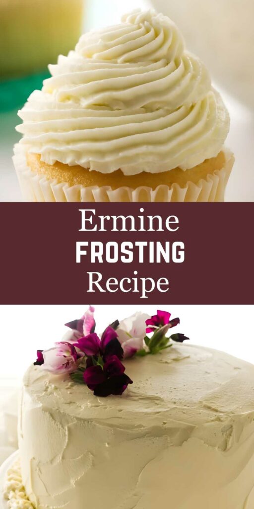 Cupcake and cake with ermine frosting, decorated with purple, white flowers.