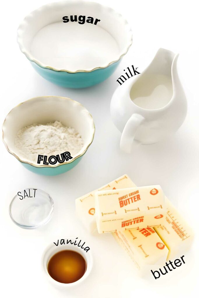 Baking ingredients labeled: sugar, flour, salt, milk, vanilla, butter.
