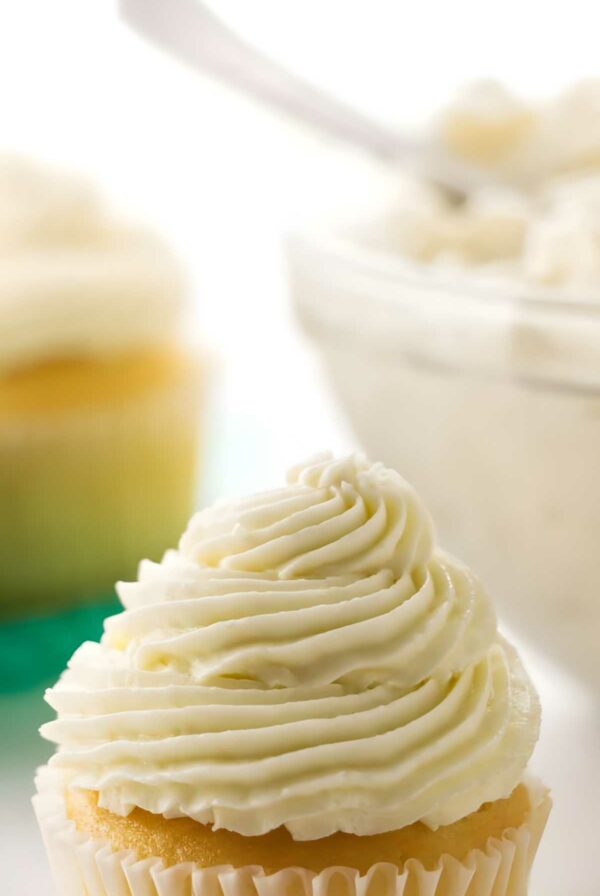 A cupcake with cooked milk ermine frosting on top.