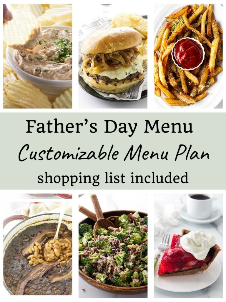 Six photo showing recipes for a Father's day menu plan.