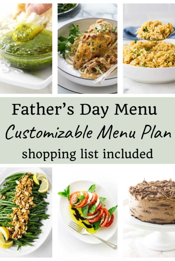 Six photos showing recipes for a Father's day menu plan with chicken.
