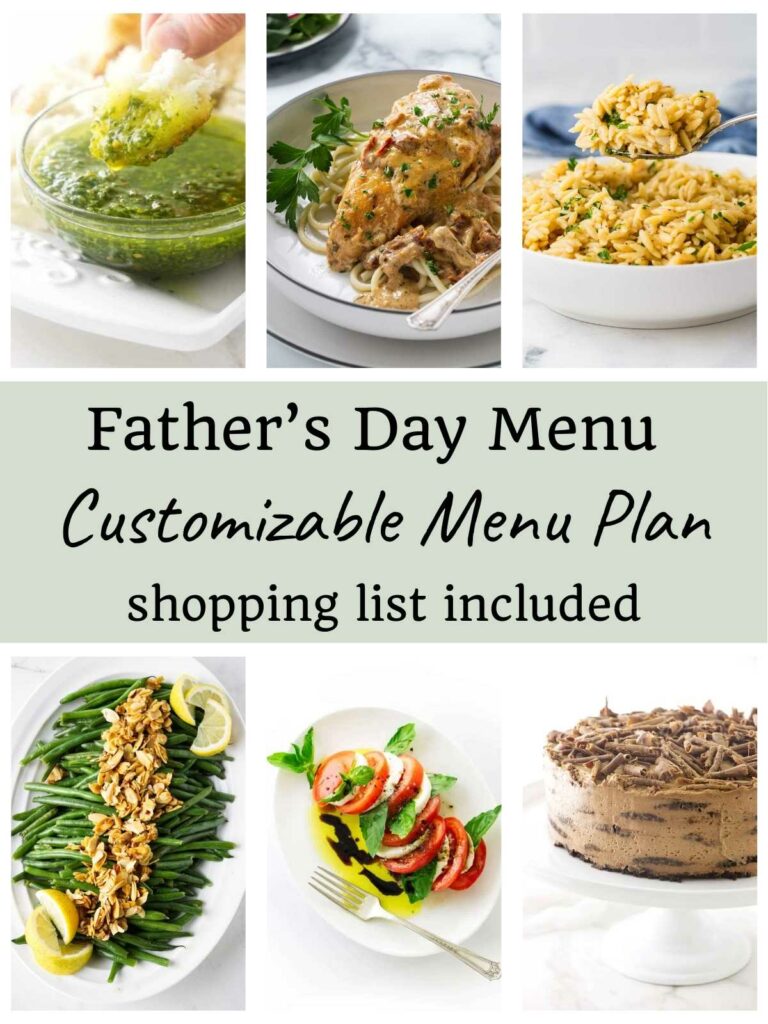 Six photos showing recipes for a Father's day menu plan with chicken.