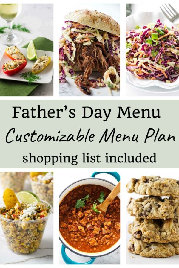 Six photos showing recipes for a pulled pork menu plan for fathers day.