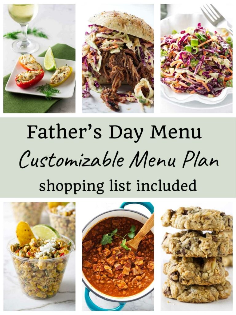 Six photos showing recipes for a pulled pork menu plan for fathers day.