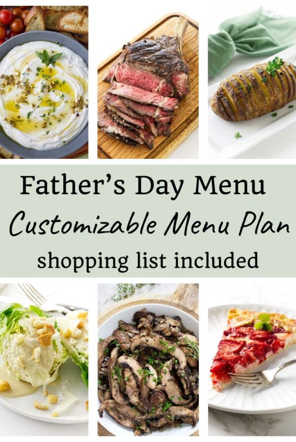Six photos showing a menu plan for steak and potatoes for Father's Day.