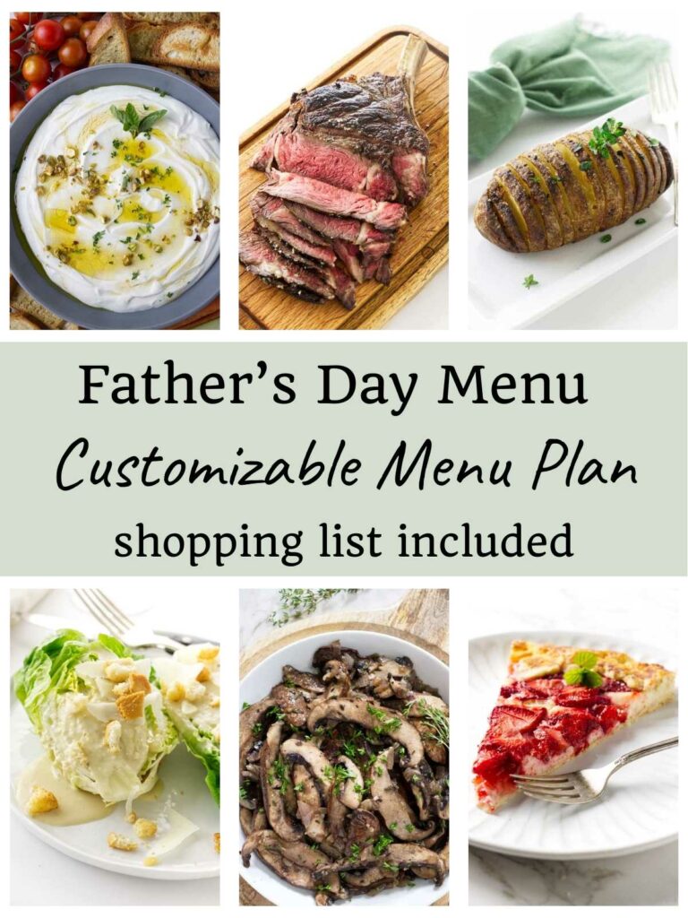 Six photos showing a menu plan for steak and potatoes for Father's Day.