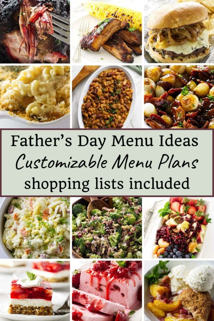 Twelve photos showing recipes that can be used for menu planning for Fathers day.