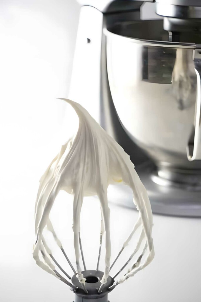Whisk with stiff whipped cream in front of stand mixer on white surface.