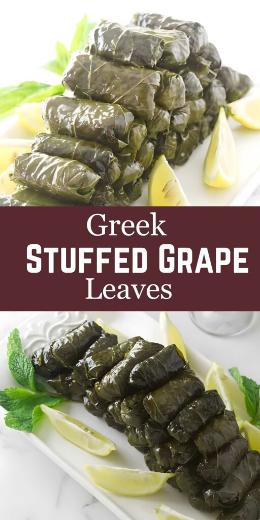 Two plates of Greek stuffed grape leaves with lemon, mint, and title text.