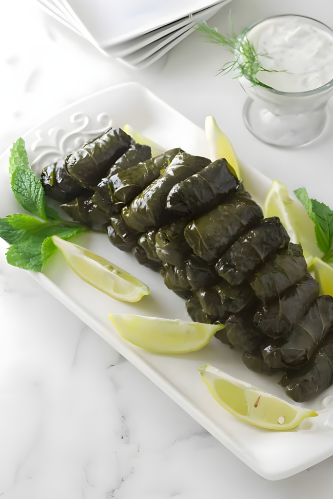 Stuffed grape leaves with lemon, mint, and creamy dill dip on the side.