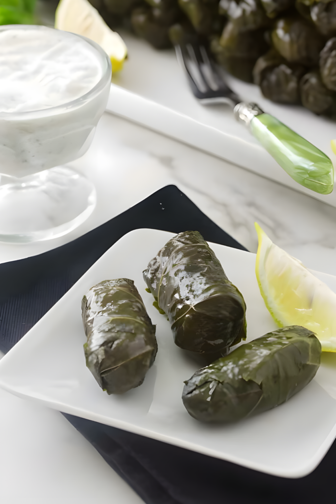 Three grape leaf rolls with lemon and sauce on a marble surface.