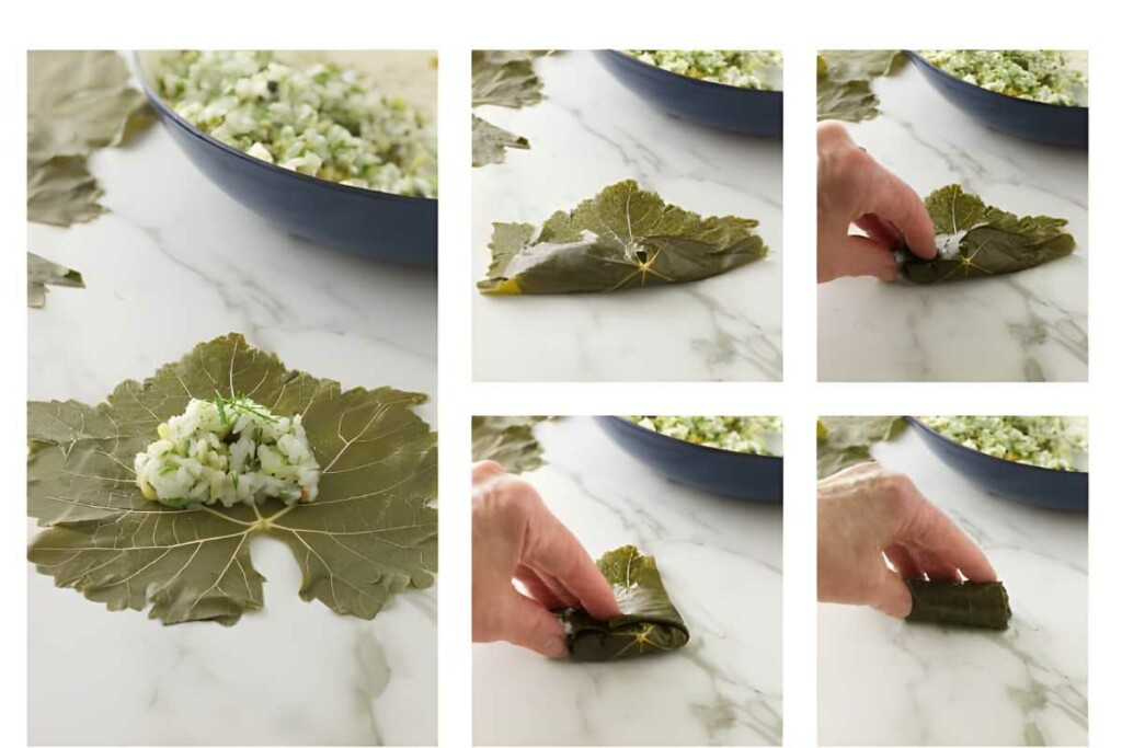 Step-by-step instructions for rolling grape leaves with rice filling.