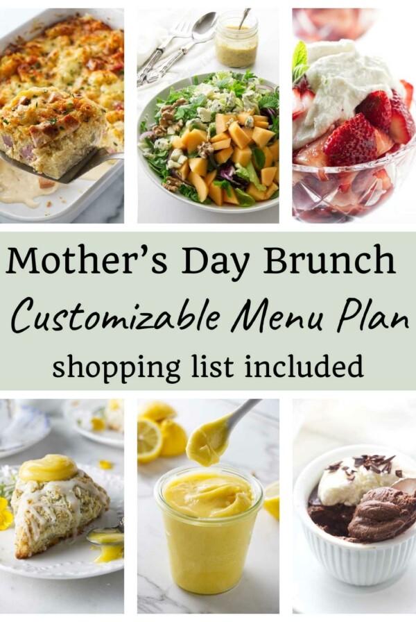 A collage of mother's day brunch recipes with a ham strata casserole.