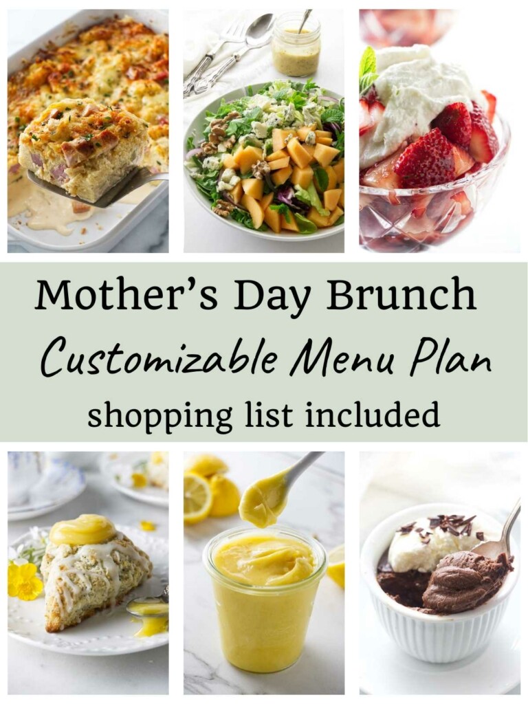 A collage of mother's day brunch recipes with a ham strata casserole.