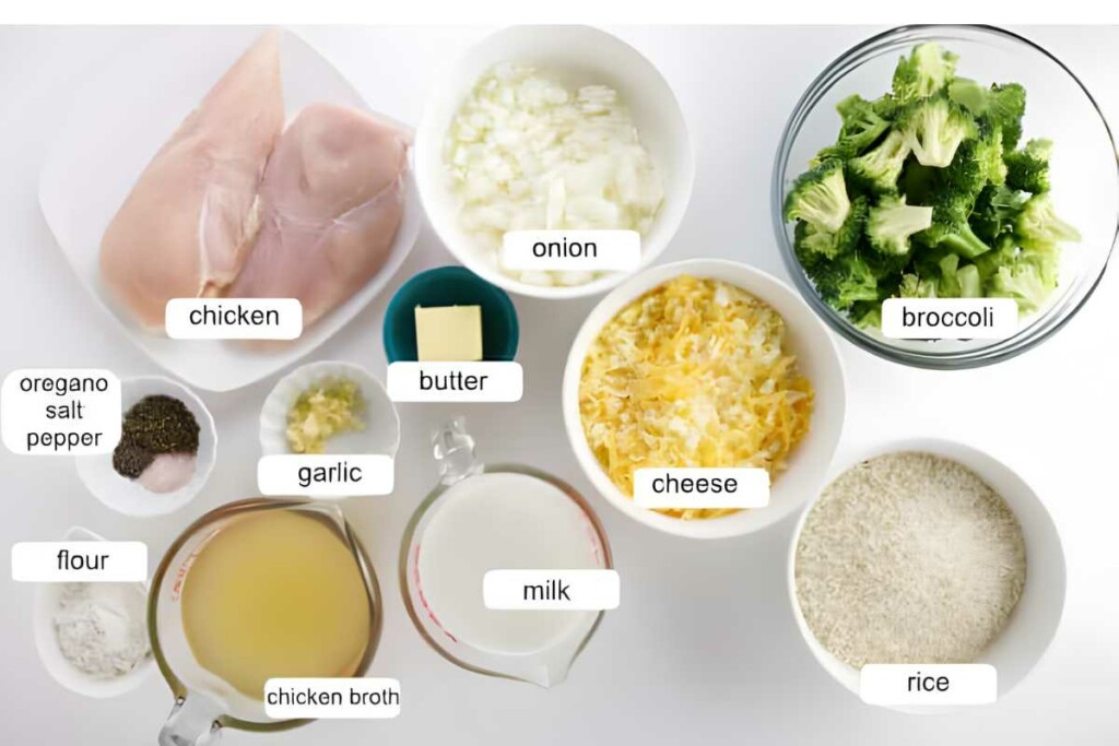 Top view of labeled ingredients for broccoli chicken casserole in bowls.