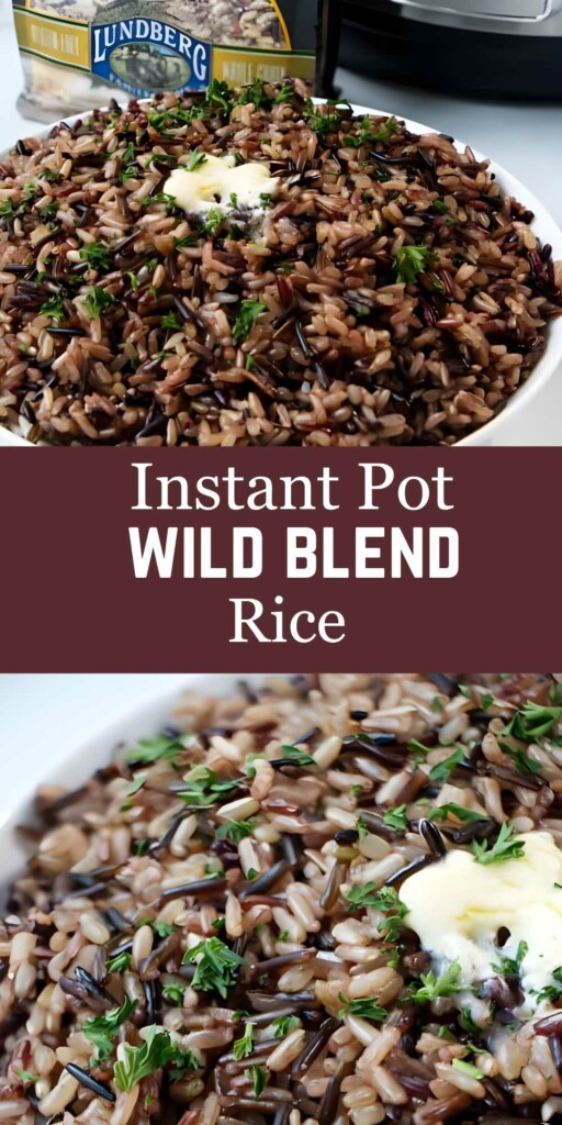 Bowl of wild blend rice with butter, parsley, and Lundberg package.