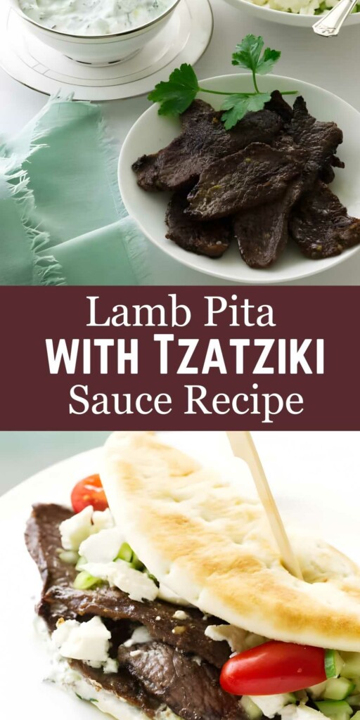 Grilled lamb, tzatziki sauce, and a pita sandwich with veggies.