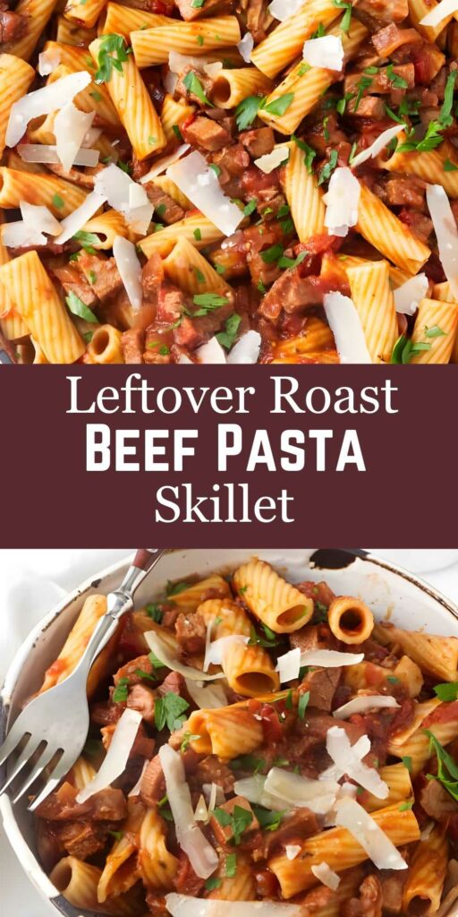 Close-up of rigatoni pasta skillet with beef, tomato sauce, and parmesan.