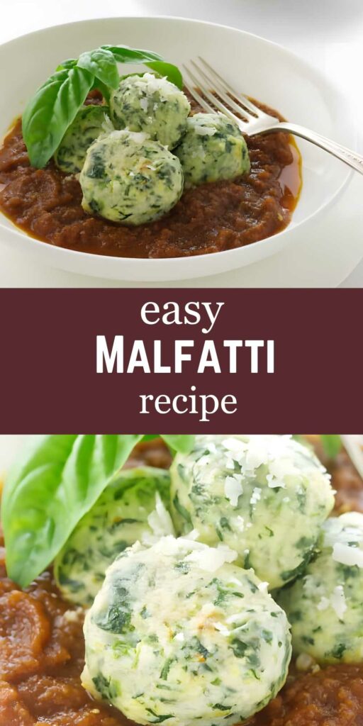 Three spinach ricotta dumplings on tomato sauce, basil, cheese; recipe text included.