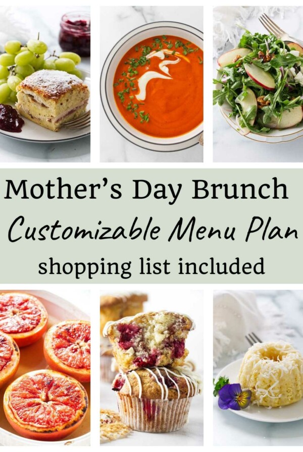 A collage of six photos showing recipes for a mother's day brunch menu.