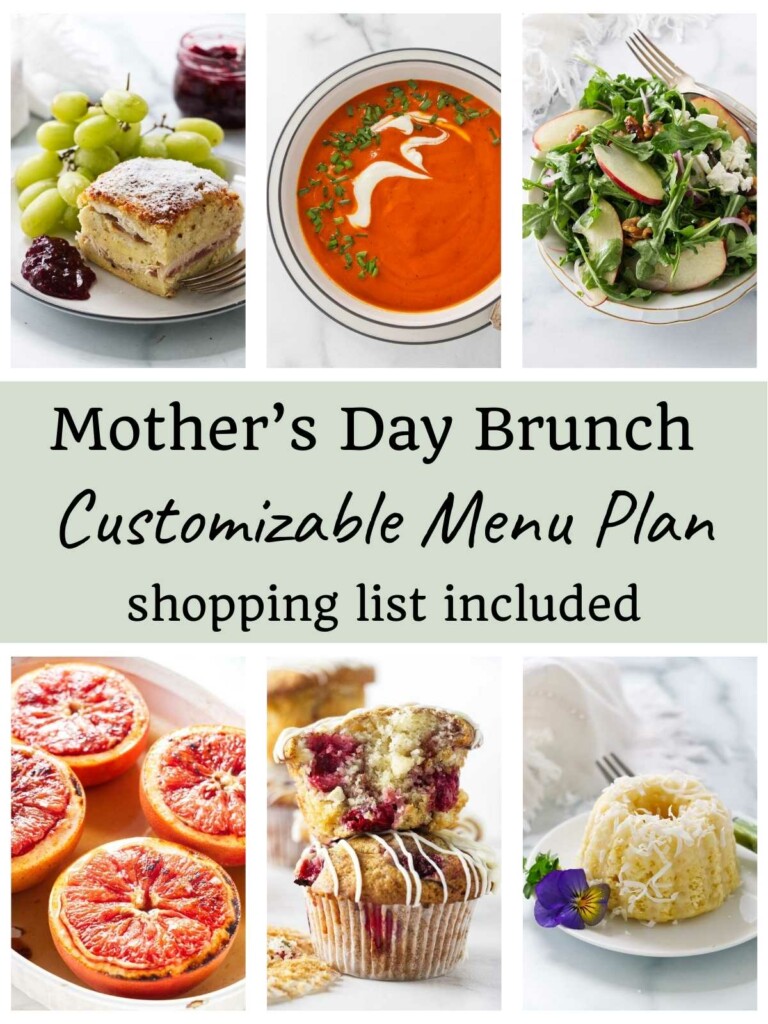 A collage of six photos showing recipes for a mother's day brunch menu.
