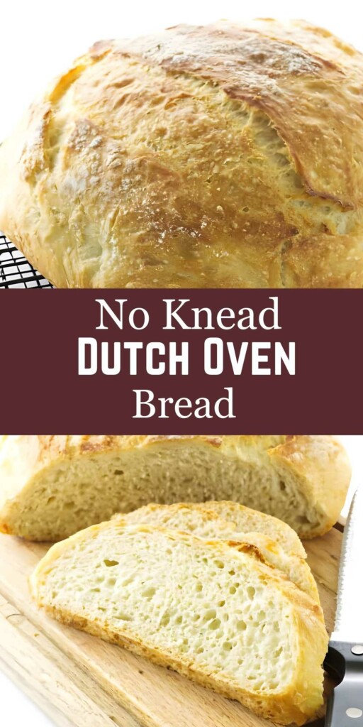 Round loaf of crusty bread with sliced piece and bread knife beside text.