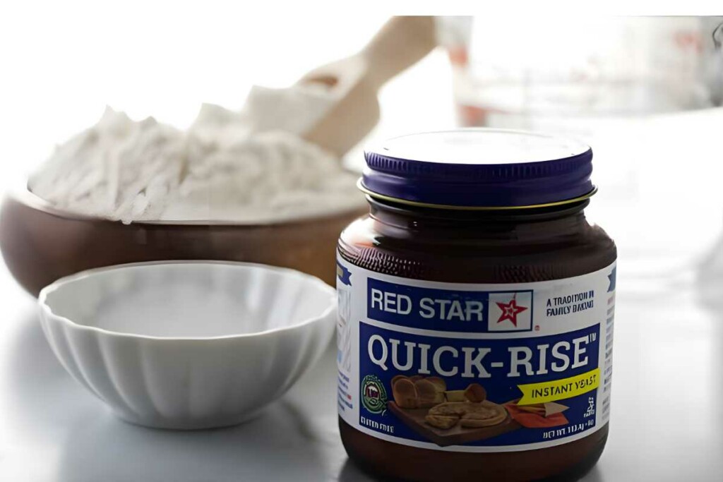 Jar of Red Star yeast beside bowls of flour on kitchen counter.