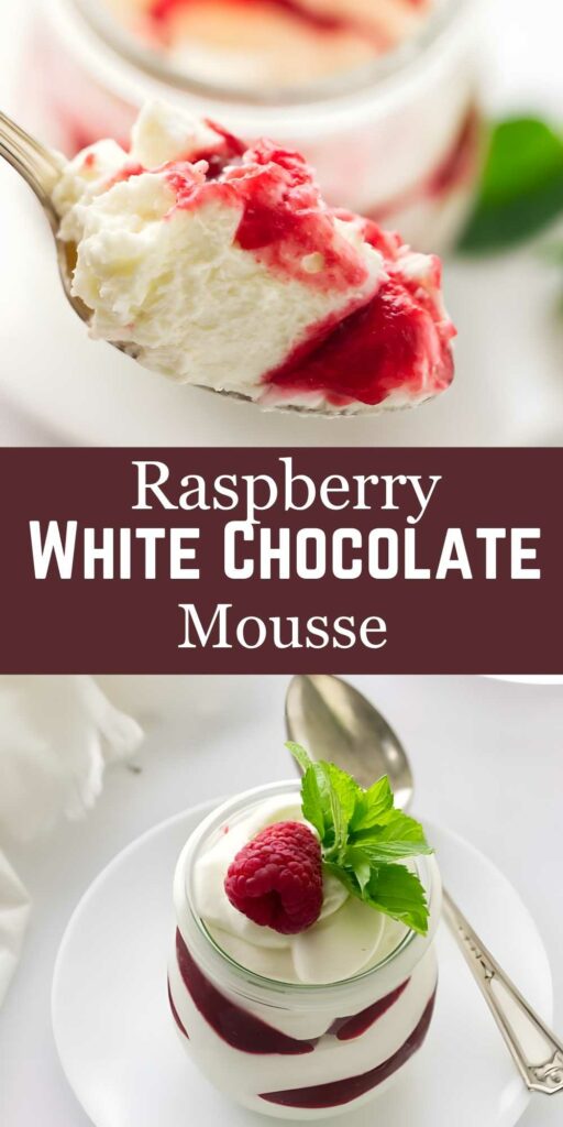 Spoonful of white chocolate mousse with raspberry sauce above jar and label.