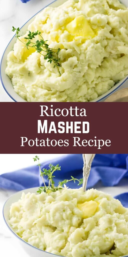 Bowl of ricotta mashed potatoes with butter, thyme, and recipe text overlay.