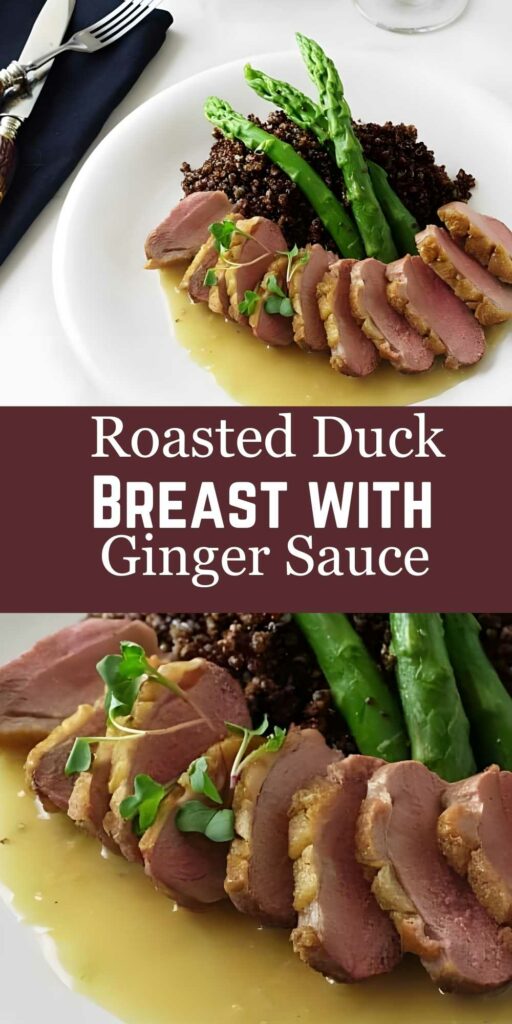Sliced roasted duck breast with sauce, asparagus, and grain on white plate.