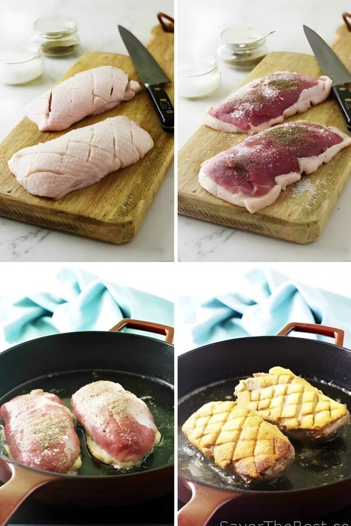 Roasted Duck Breast with Ginger-Rum Sauce Four-step process of cooking duck breast, from raw to crispy-skinned.