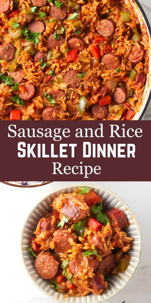 Skillet with sausage, rice, vegetables; bowl below; recipe title text overlay.