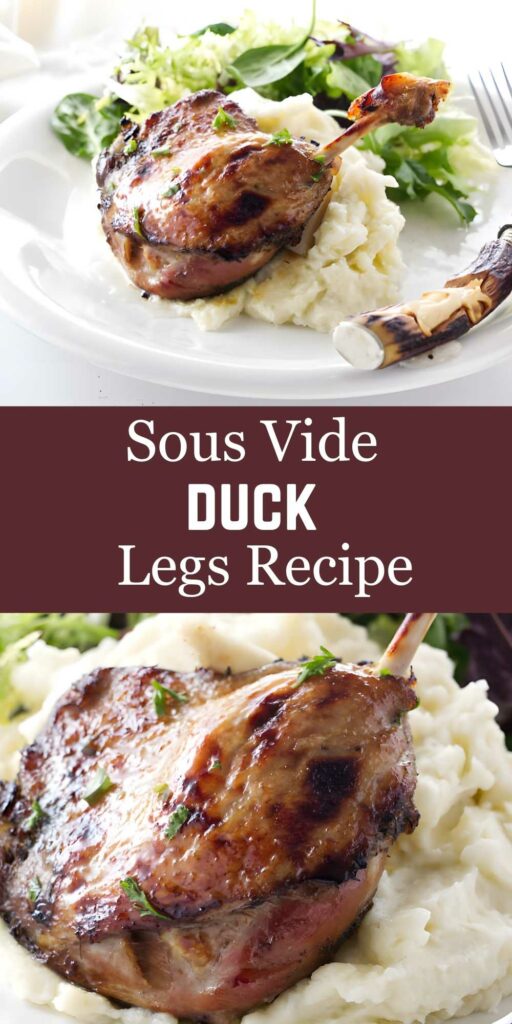Close-up of sous vide duck leg on mashed potatoes.