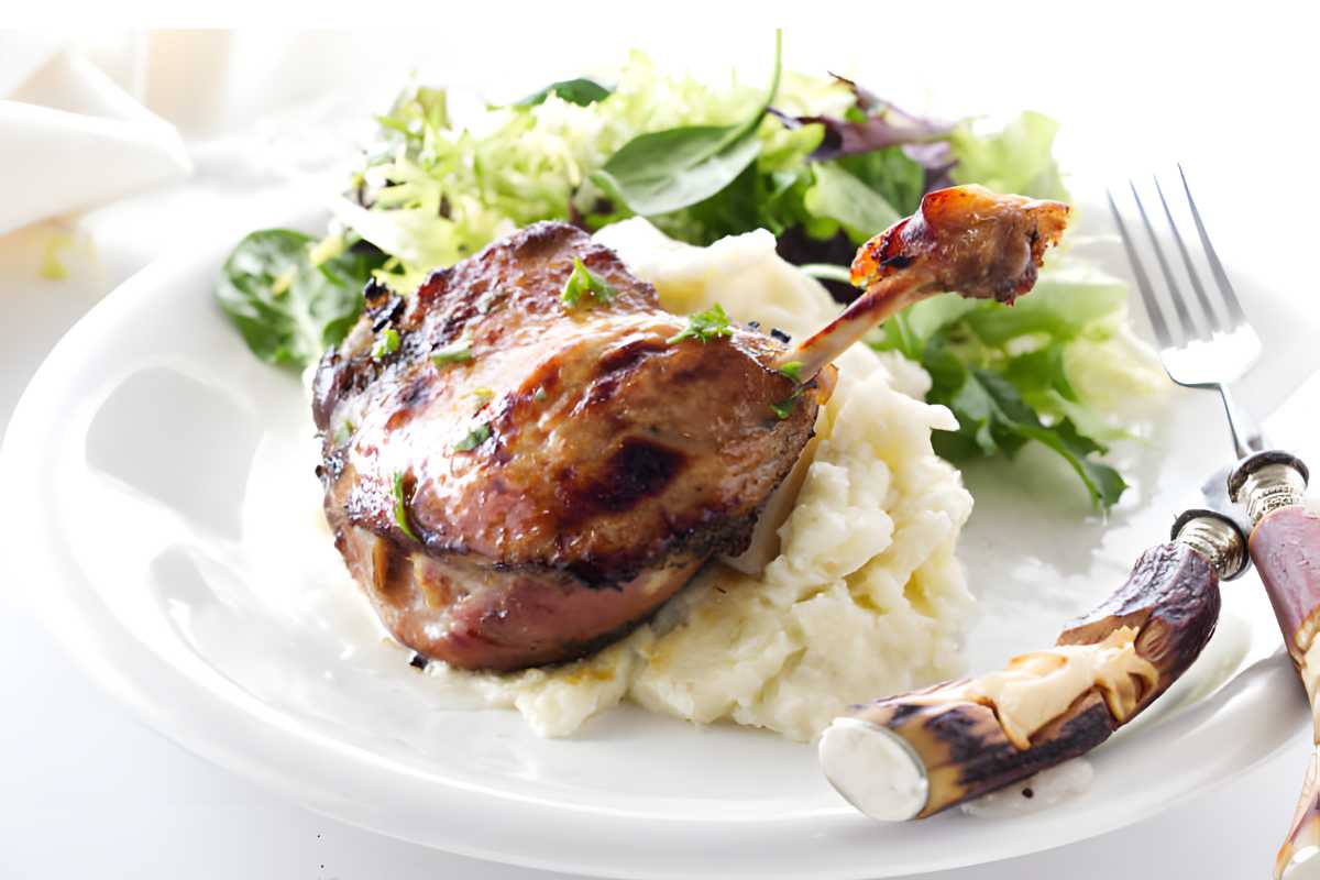 Roasted duck leg with mashed potatoes and salad on a white plate.