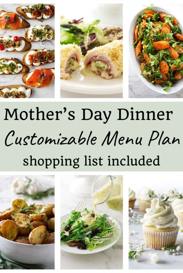 Six photos of recipes curated for a Mother's Day dinner menu with chicken.