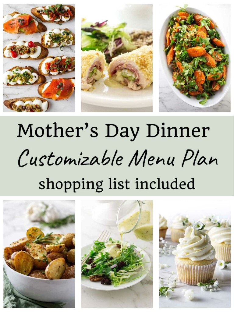 Six photos of recipes curated for a Mother's Day dinner menu with chicken.