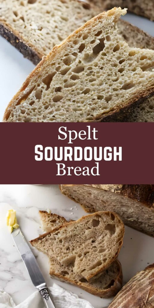 Sliced spelt sourdough bread on marble, one slice buttered, text overlay.
