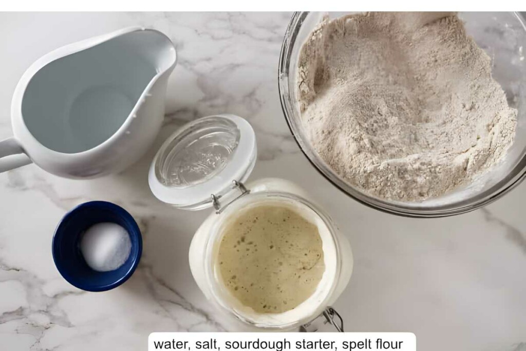 Sourdough starter, flour, water, and salt on a marble countertop.