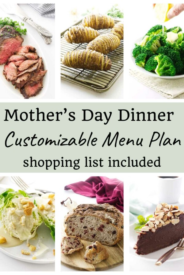 Six photos of recipes lined up for a mother's day dinner menu.